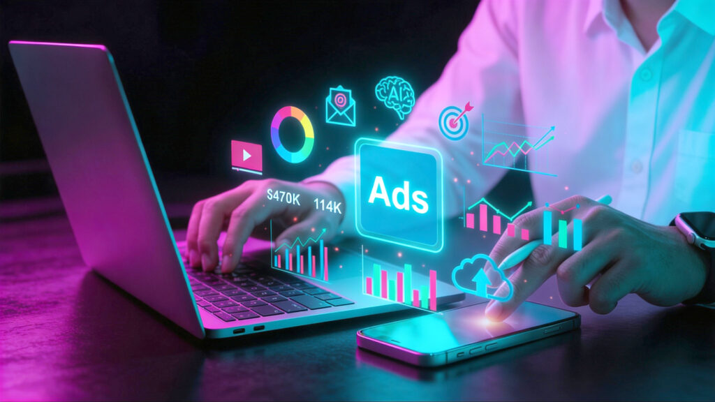 Mann arbeitet mit Laptop und Smartphone – moderne Arbeitsumgebung und mobile Technologie